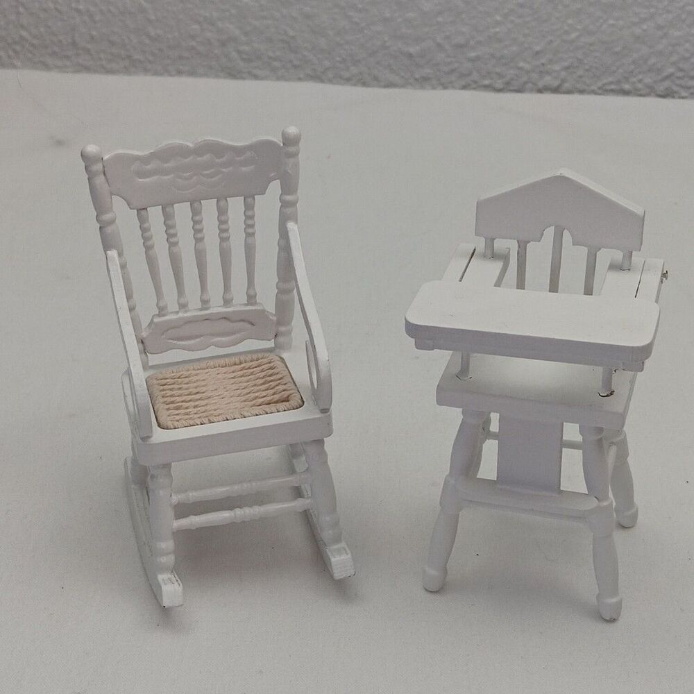 1:12 Dollhouse Mini Furniture High Chair & Classic Rocking Chair White Wood - Picture 2 of 9